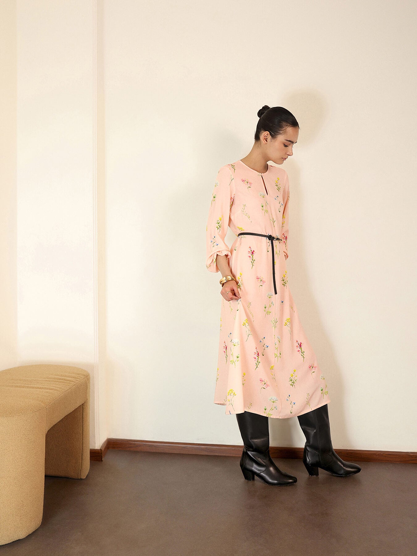 Viscose Floral A-Line Dress - Pink