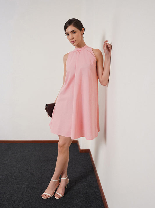 Cotton Halter Neck A-Line Dress - Pink