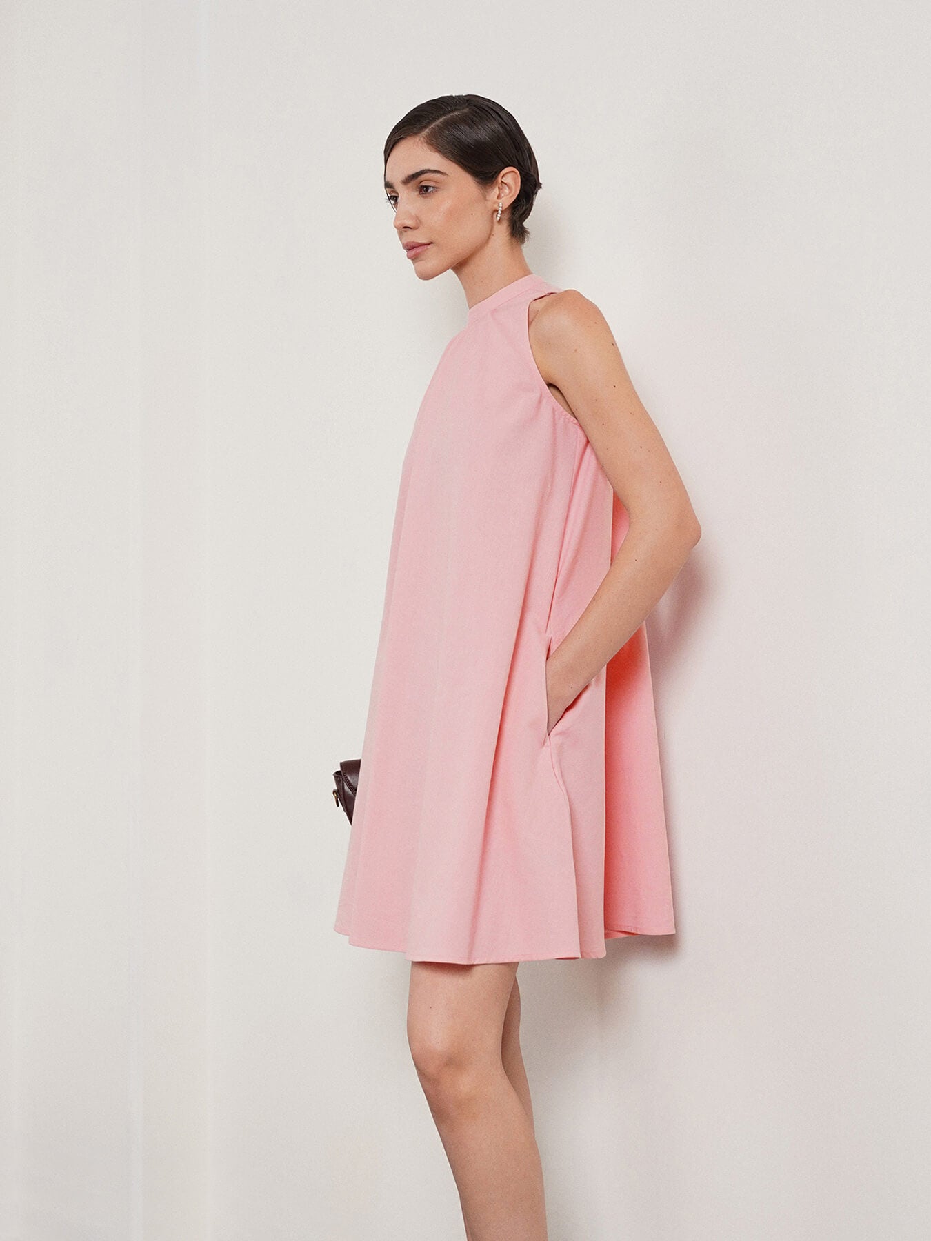 Cotton Halter Neck A-Line Dress - Pink