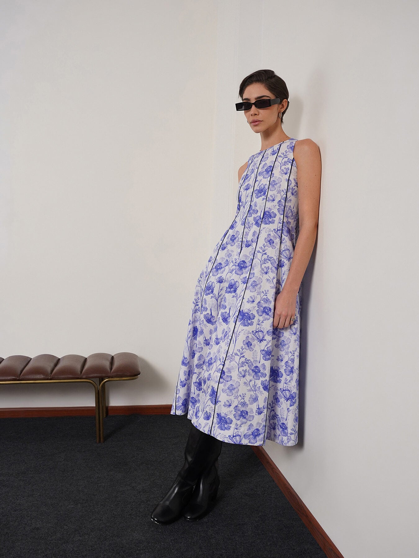 Cotton Floral Fit and Flare Dress - Blue