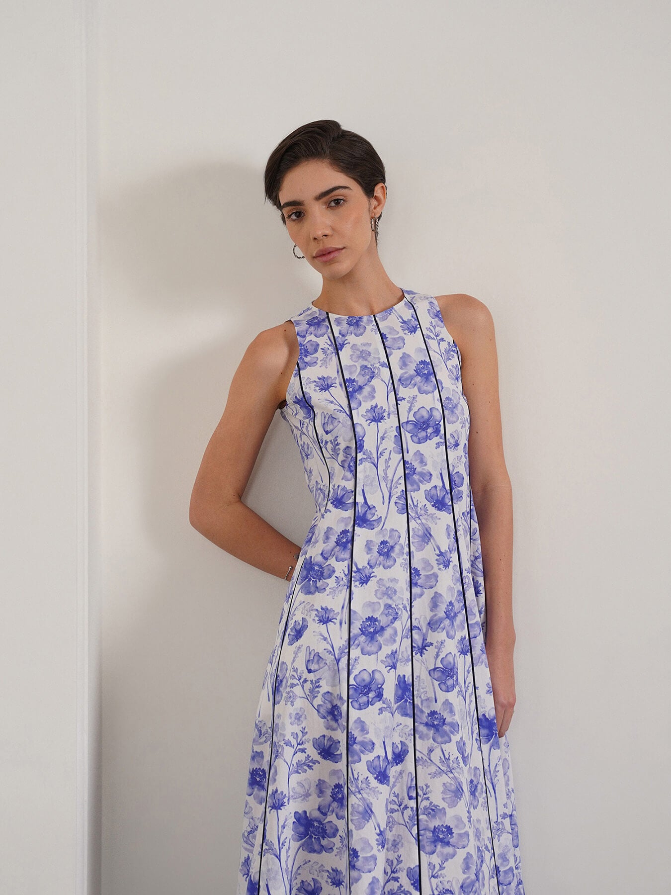 Cotton Floral Fit and Flare Dress - Blue