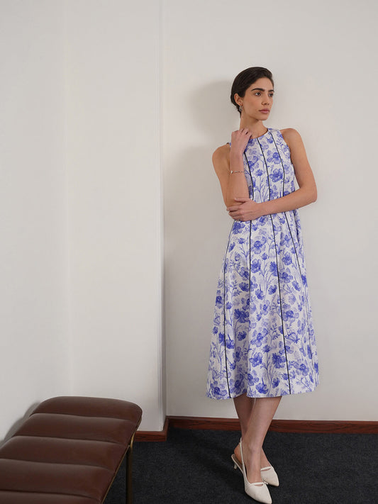 Cotton Floral Fit and Flare Dress - Blue