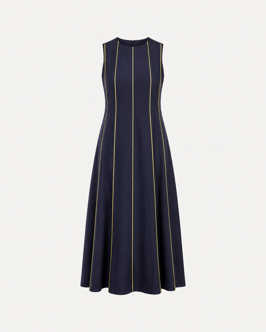 Pure Cotton Fit and Flare Dress - Navy Blue