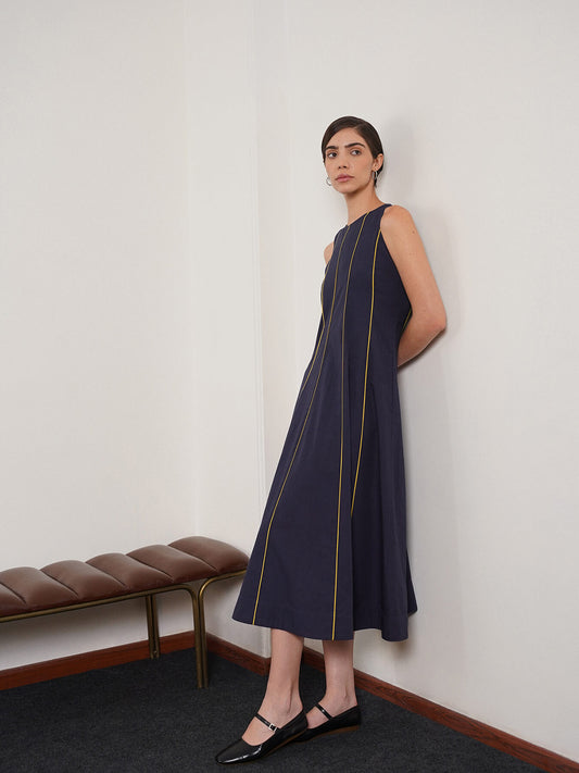 Pure Cotton Fit and Flare Dress - Navy Blue