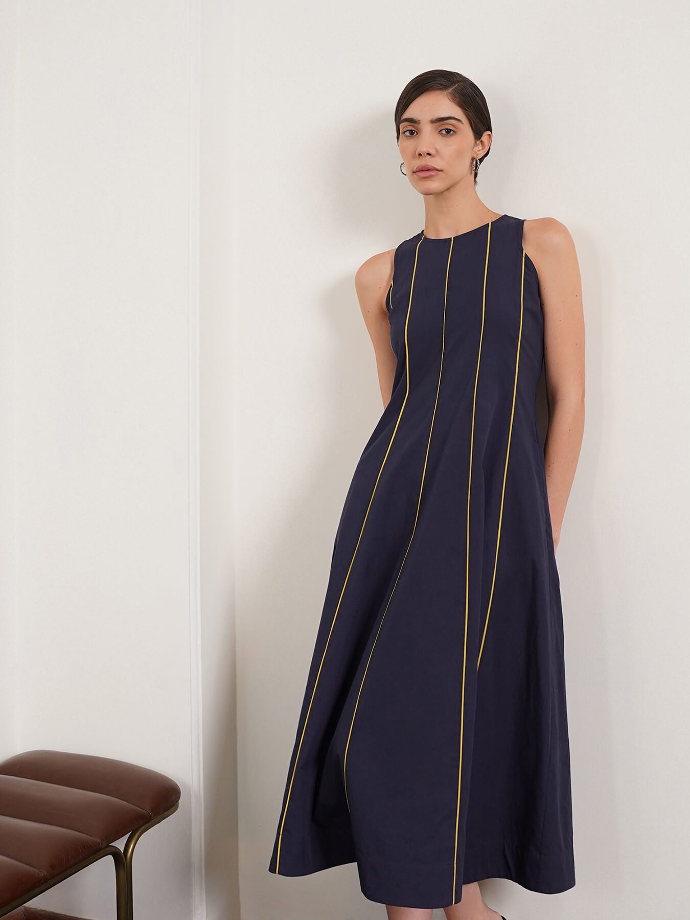 Pure Cotton Fit and Flare Dress - Navy Blue