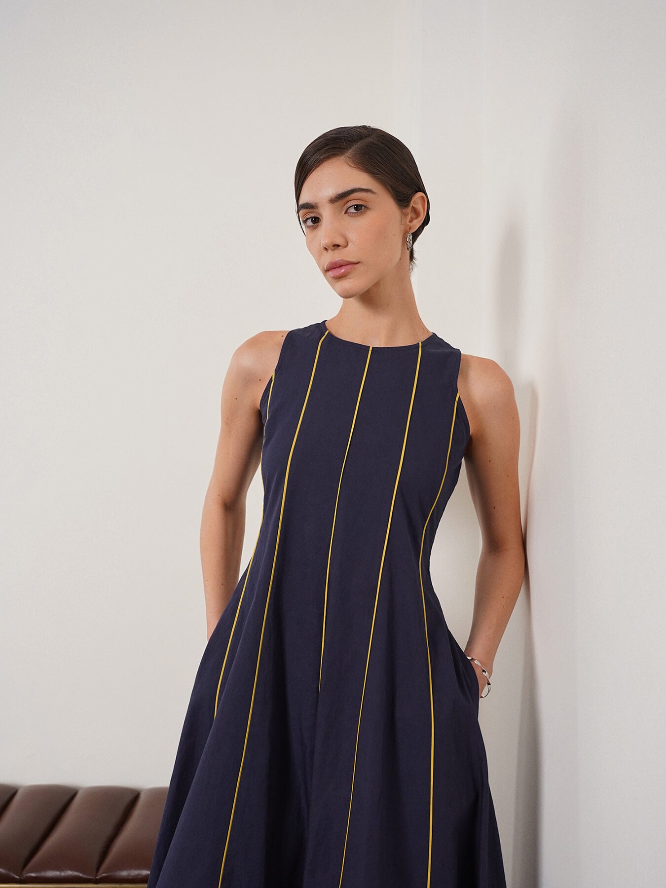 Pure Cotton Fit and Flare Dress - Navy Blue
