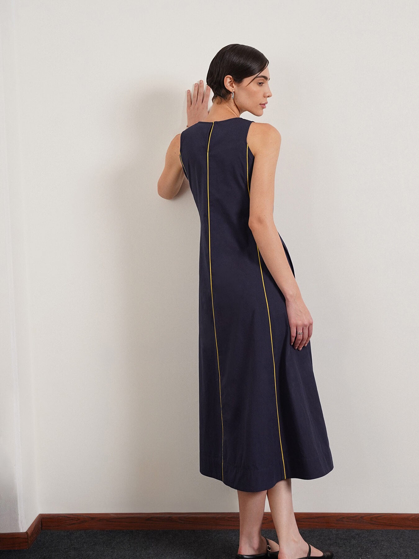 Pure Cotton Fit and Flare Dress - Navy Blue