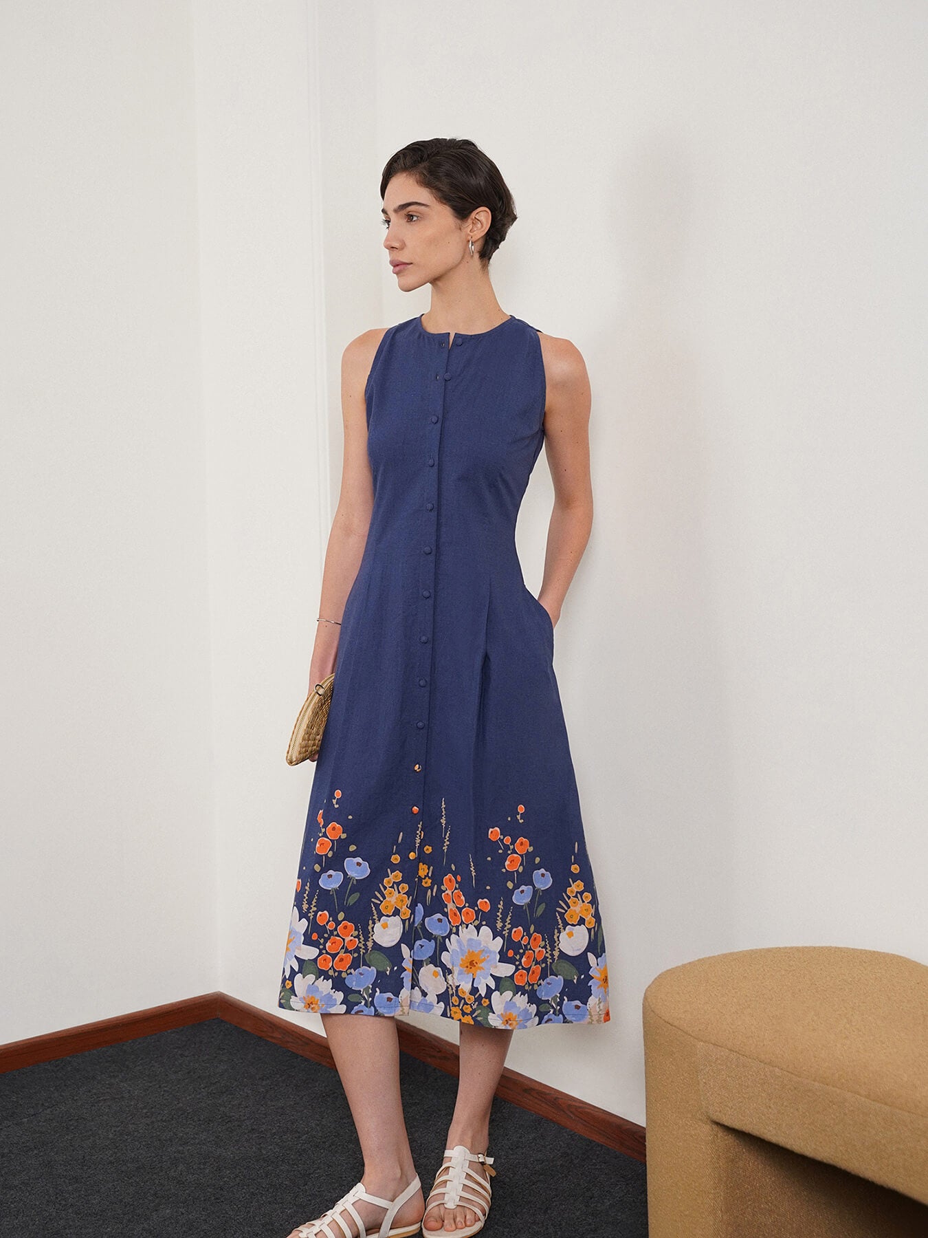 Cotton Floral A-Line Dress - Blue