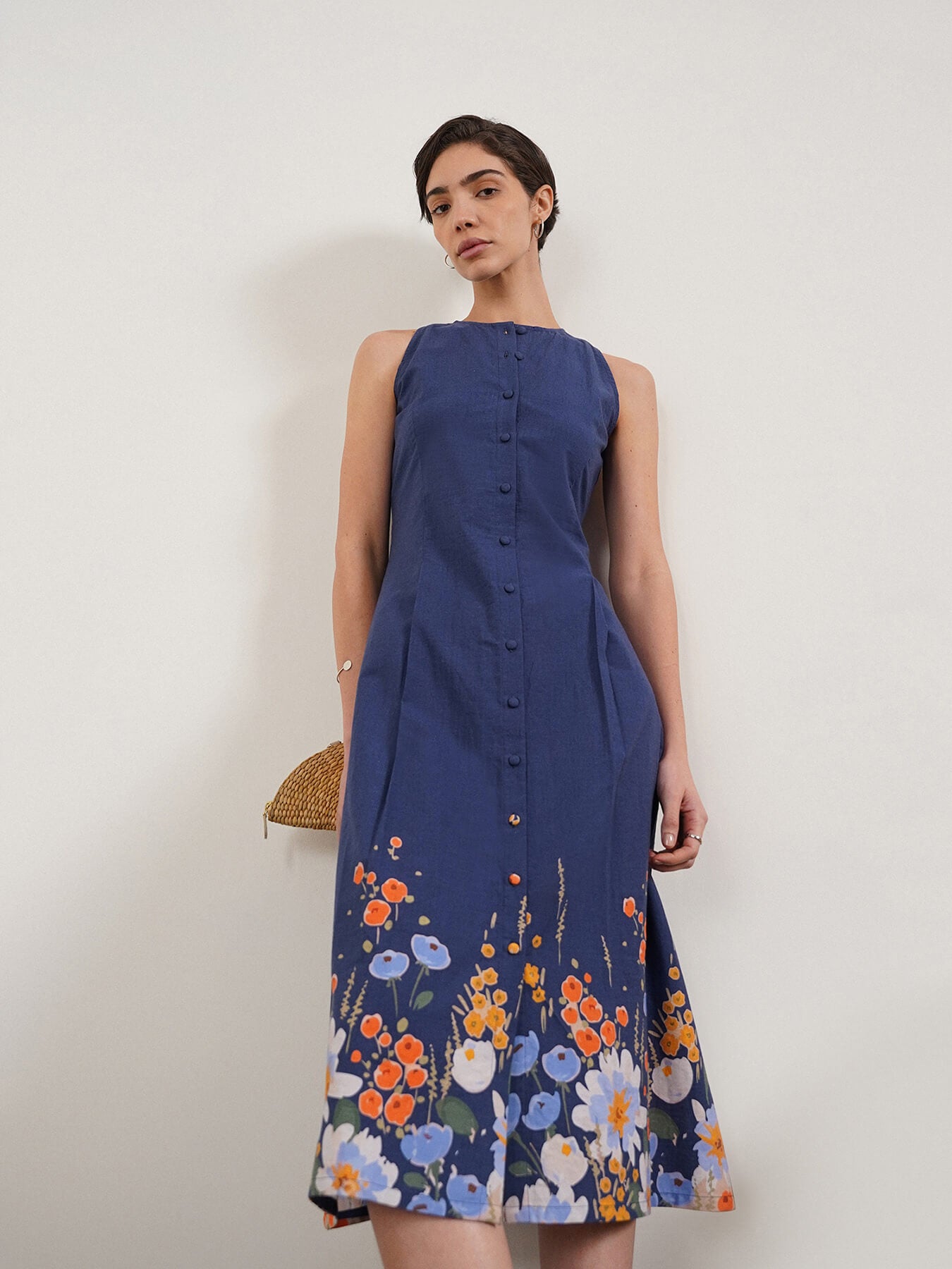 Cotton Floral A-Line Dress - Blue