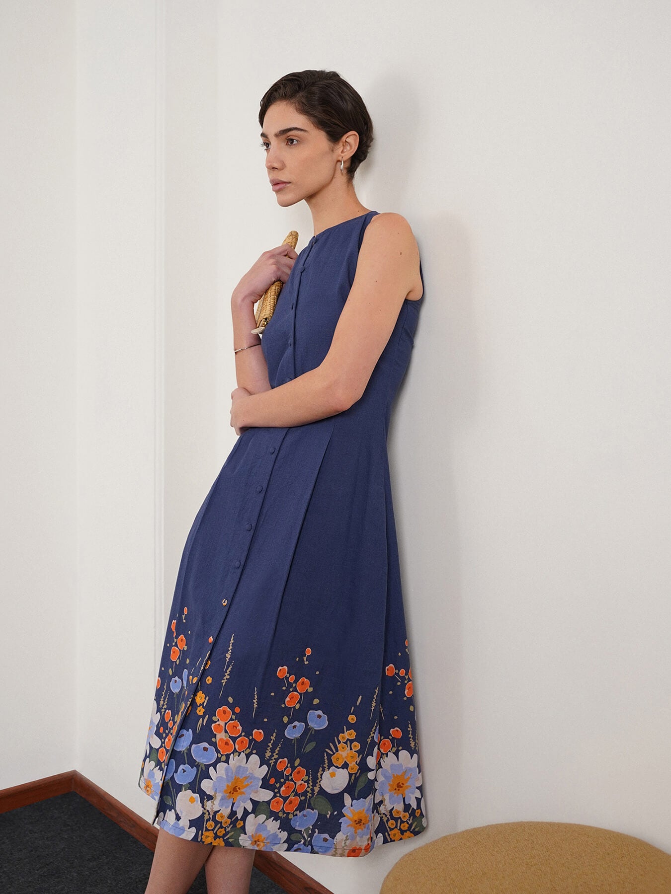 Cotton Floral A-Line Dress - Blue