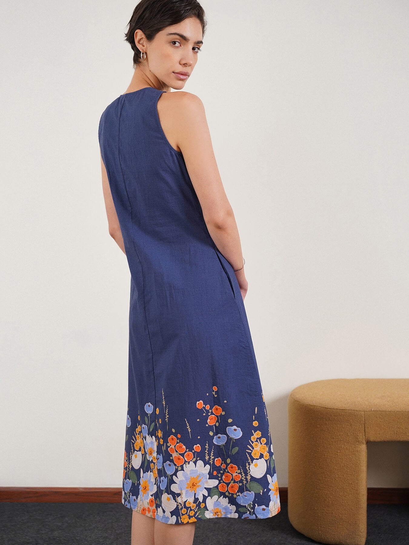 Cotton Floral A-Line Dress - Blue