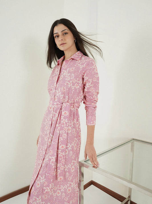 Pure Cotton A-Line Dress - Pink
