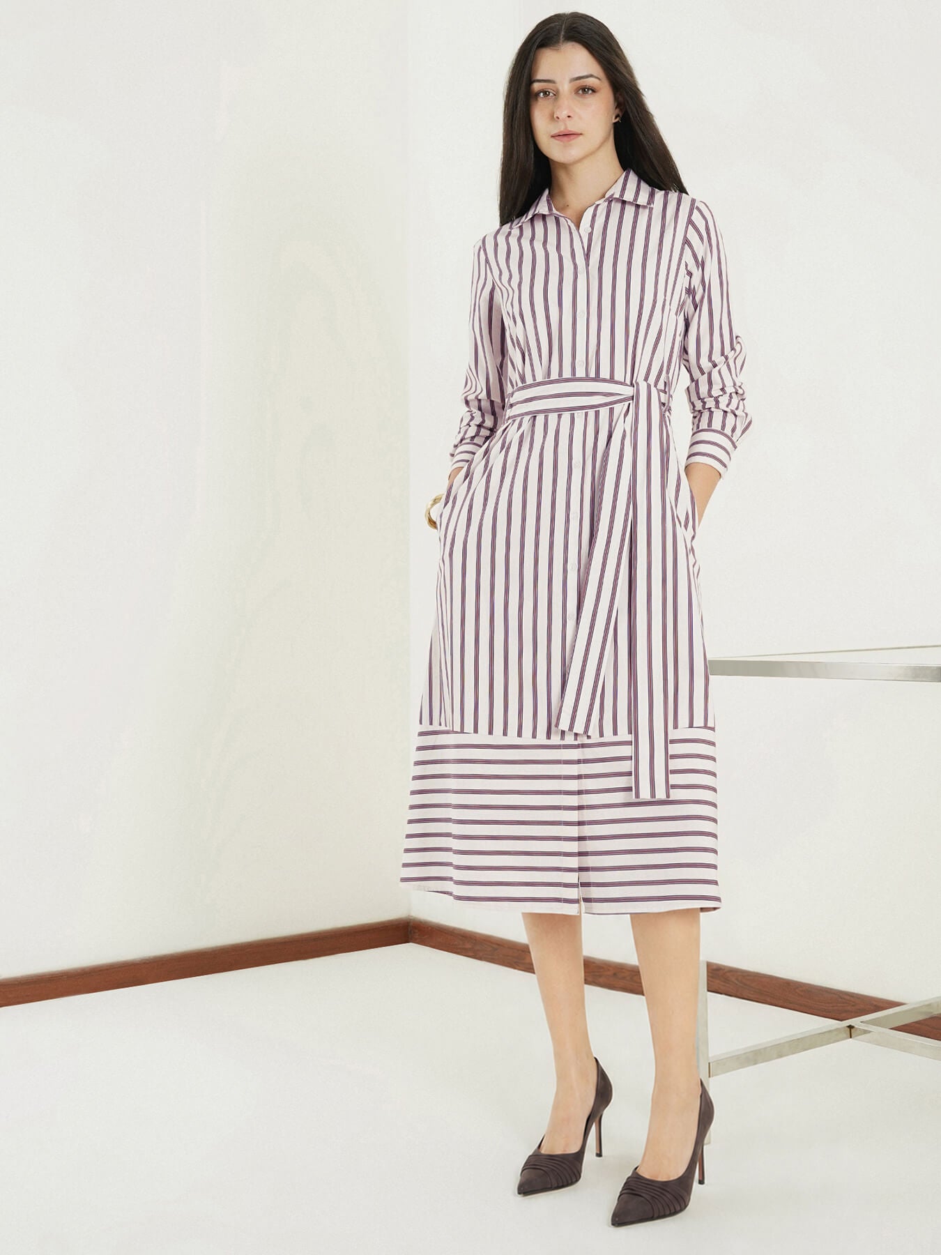 Cotton Striped A-Line Dress - White