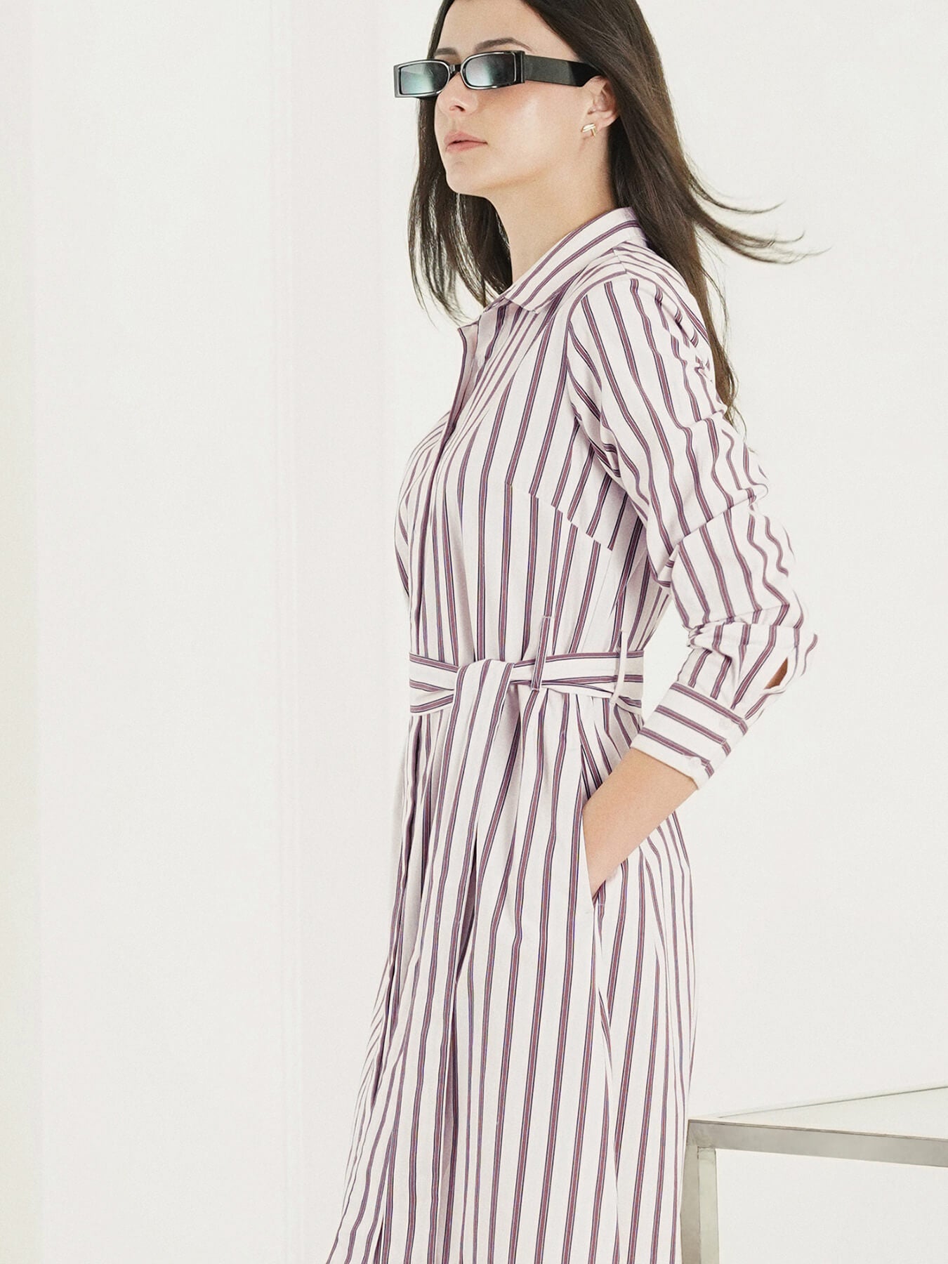 Cotton Striped A-Line Dress - White
