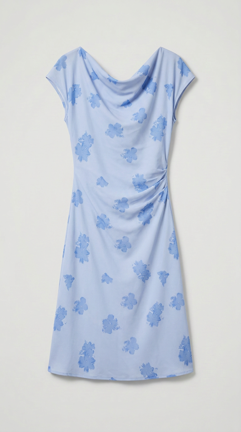Floral Cowl Neck Shift Dress - Blue
