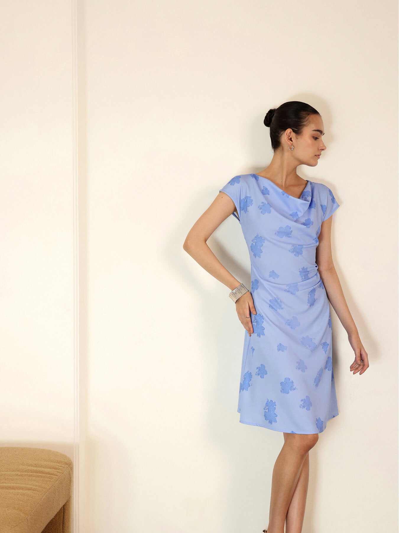 Floral Cowl Neck Shift Dress - Blue