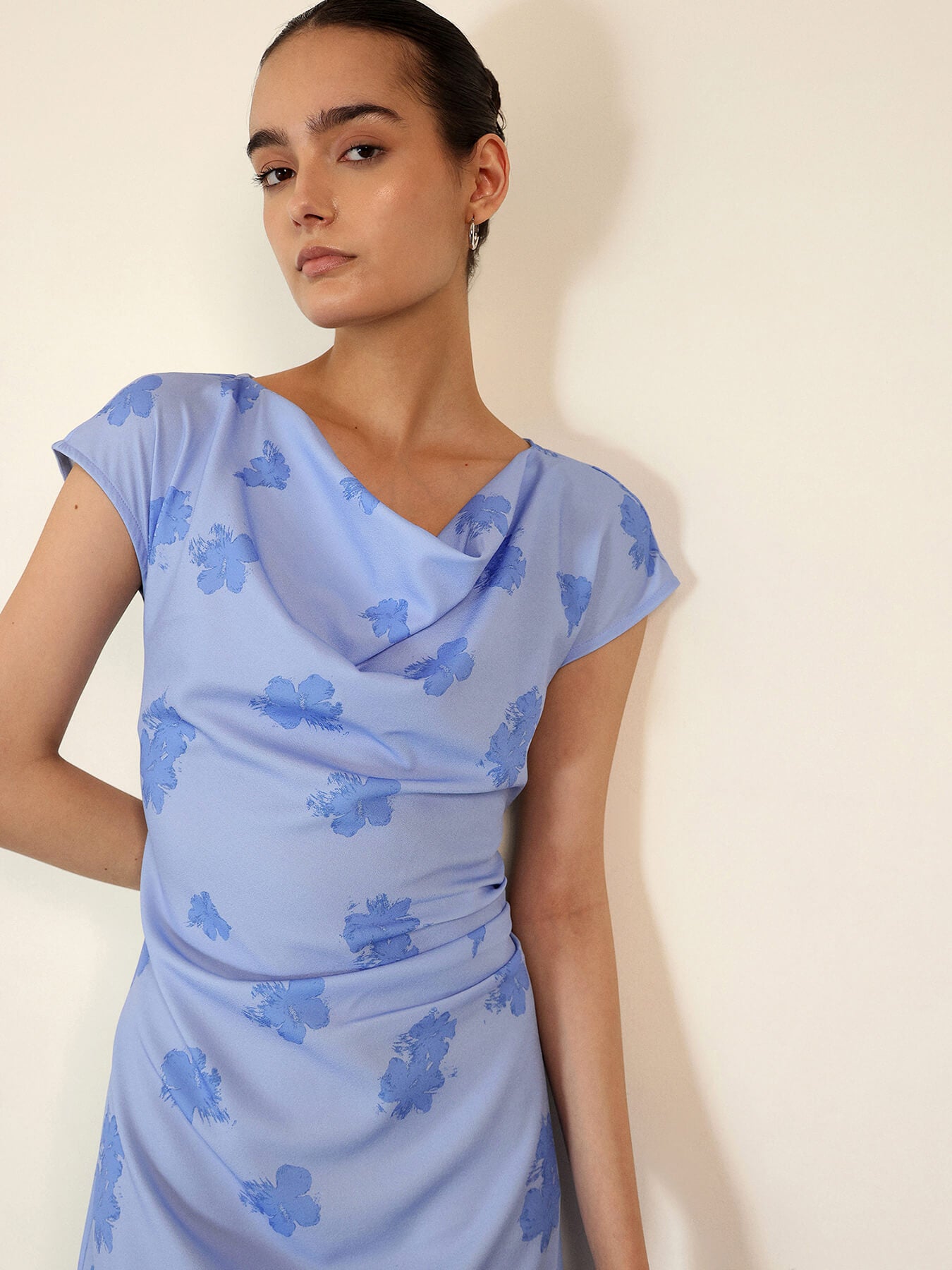 Floral Cowl Neck Shift Dress - Blue