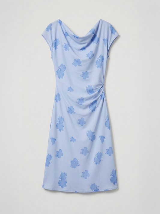 Floral Cowl Neck Shift Dress - Blue