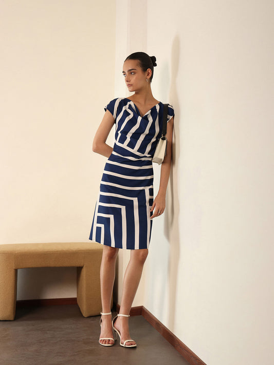 Striped Cowl Neck Shift Dress - Navy Blue