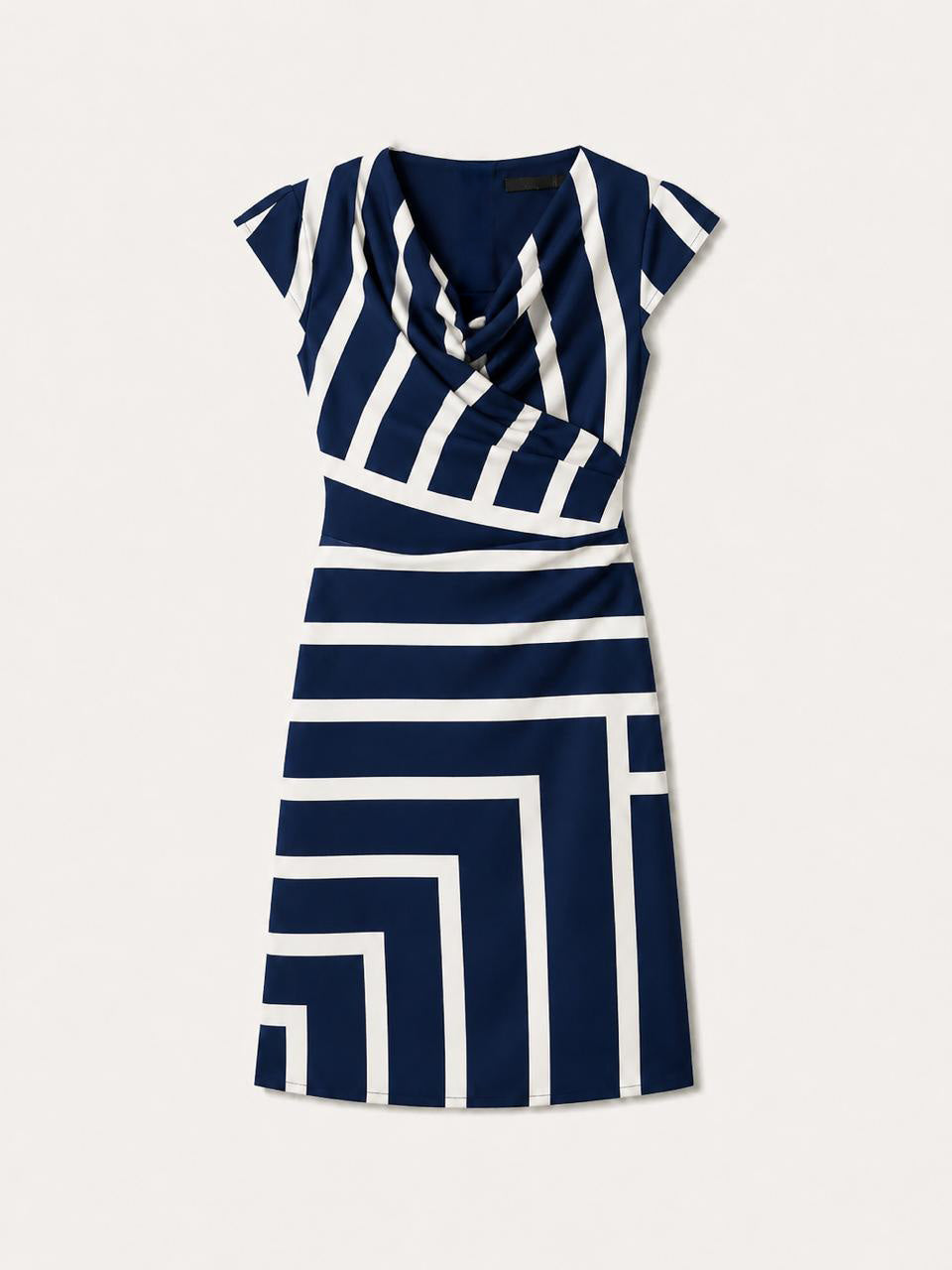 Striped Cowl Neck Shift Dress - Navy Blue