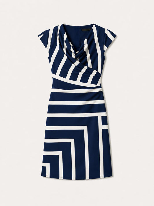 Striped Cowl Neck Shift Dress - Navy Blue