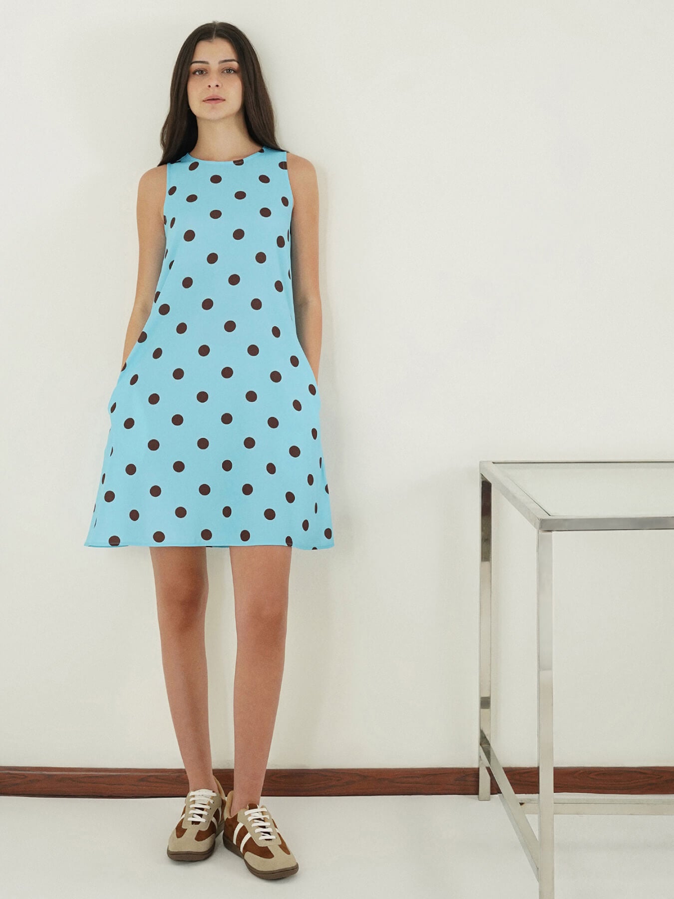 Polka Dot A-Line Dress - Blue
