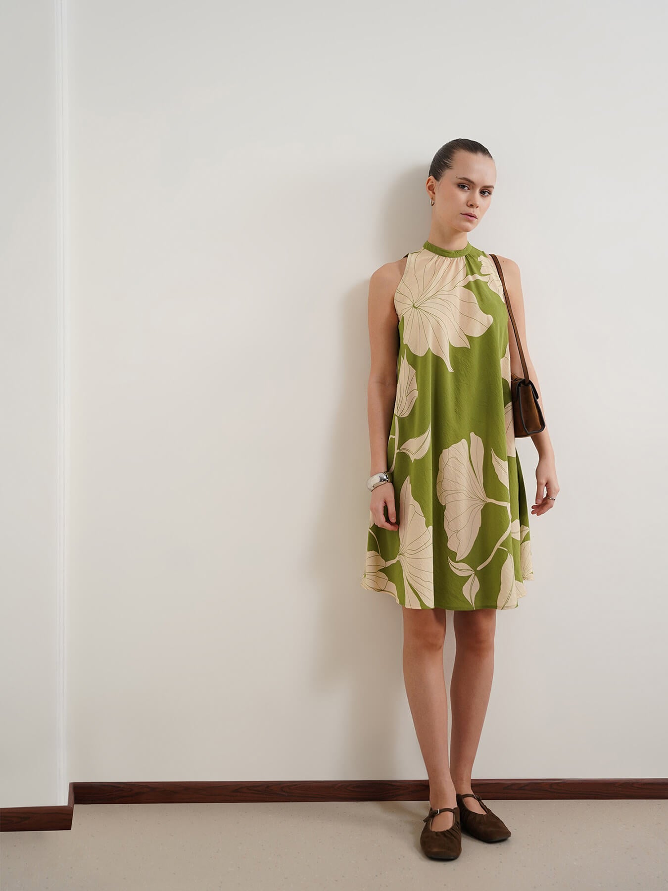 Viscose Floral A-Line Dress - Olive
