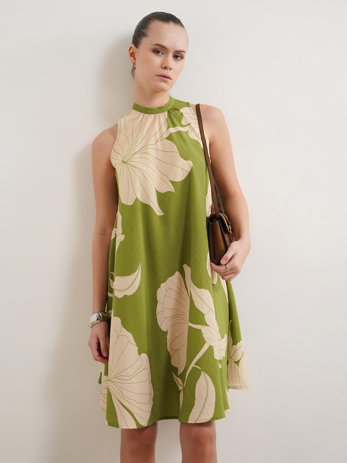 Viscose Floral A-Line Dress - Olive