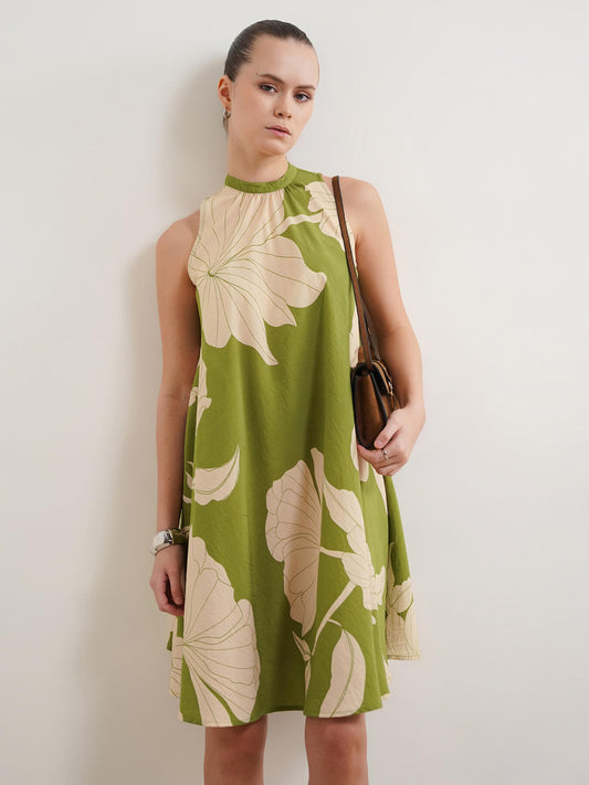 Viscose Floral A-Line Dress - Olive