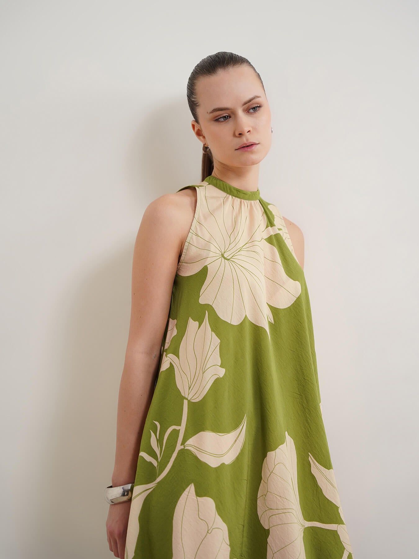 Viscose Floral A-Line Dress - Olive
