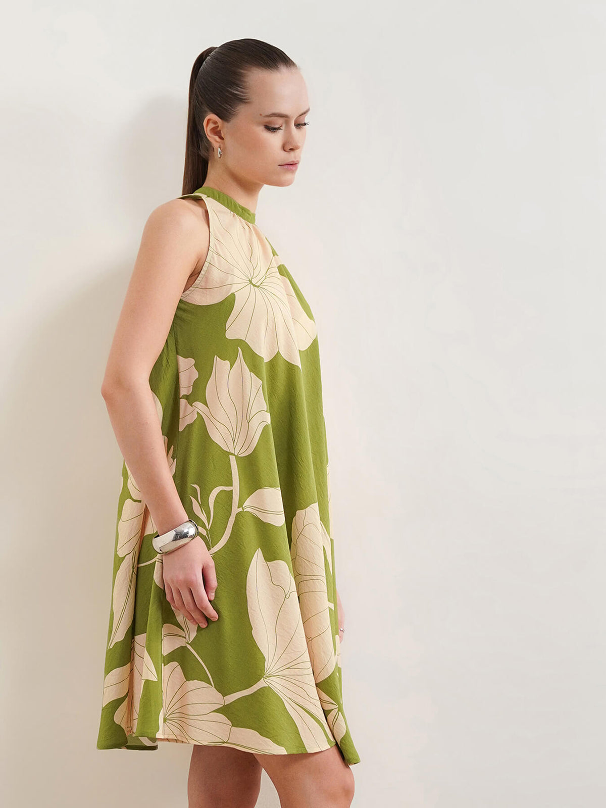 Viscose Floral A-Line Dress - Olive
