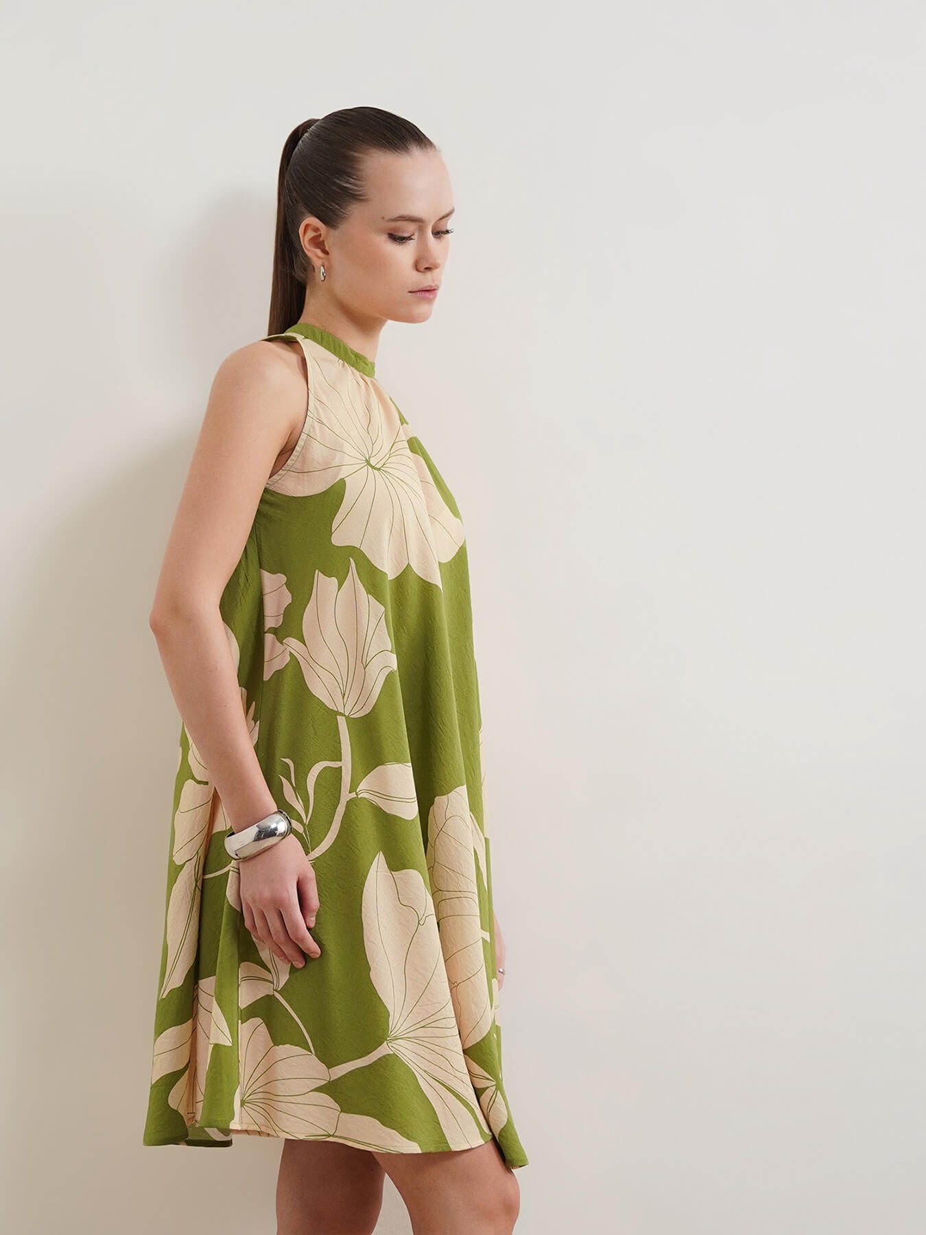Viscose Floral A-Line Dress - Olive