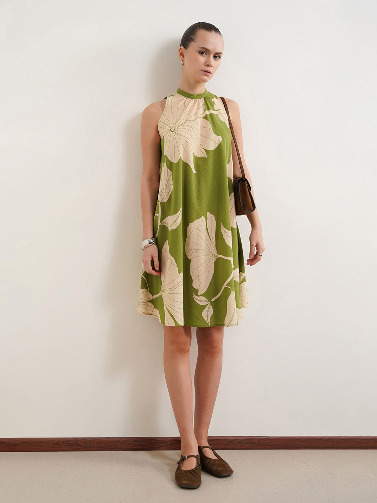 Viscose Floral A-Line Dress - Olive