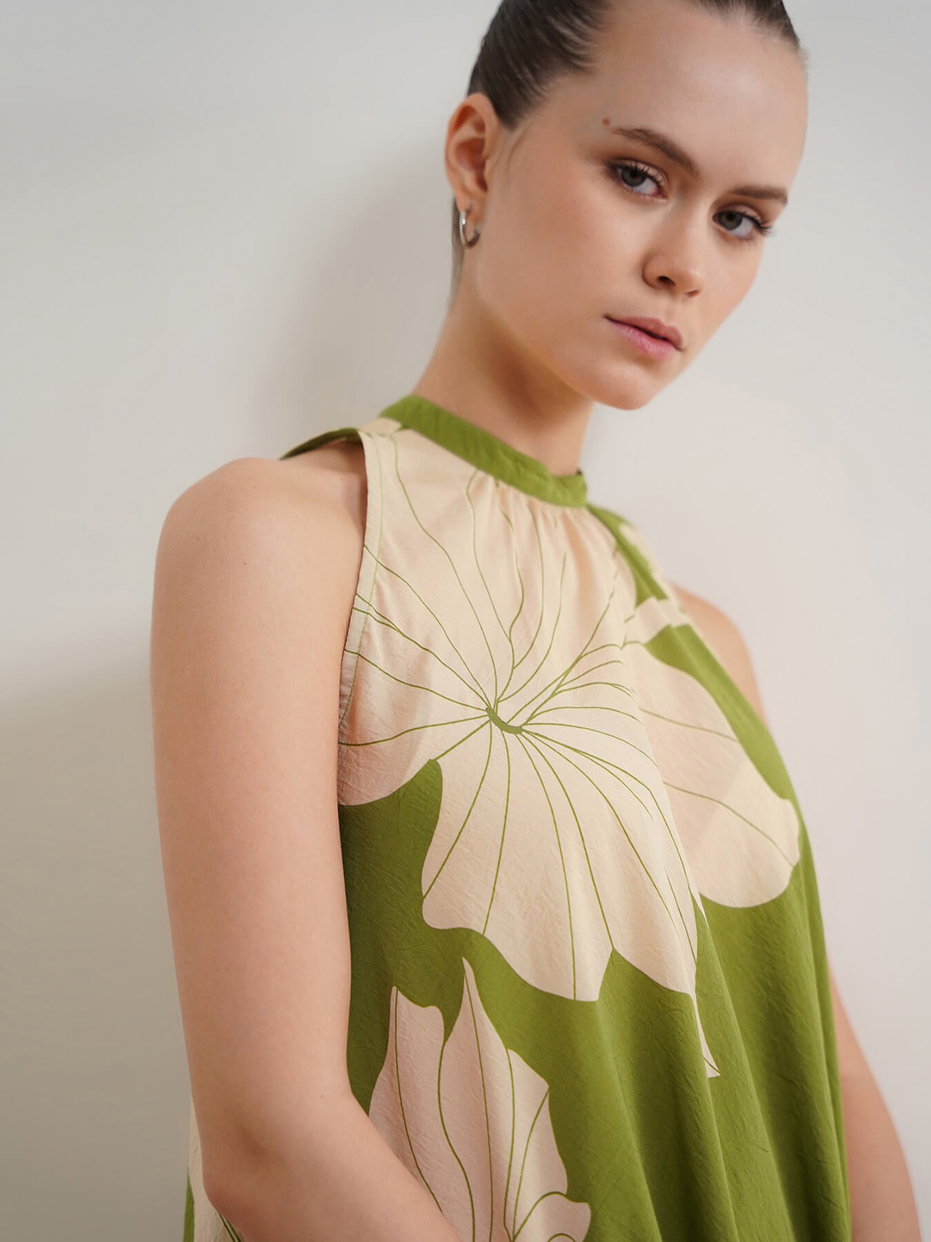 Viscose Floral A-Line Dress - Olive