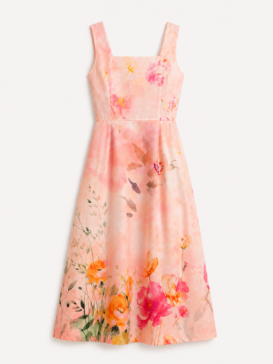 Cotton Floral Fit and Flare Dress - Pink
