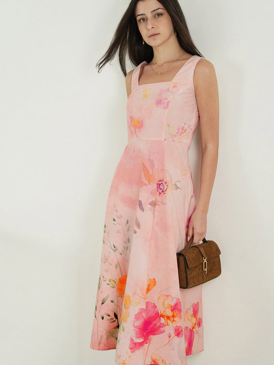 Cotton Floral Fit and Flare Dress - Pink