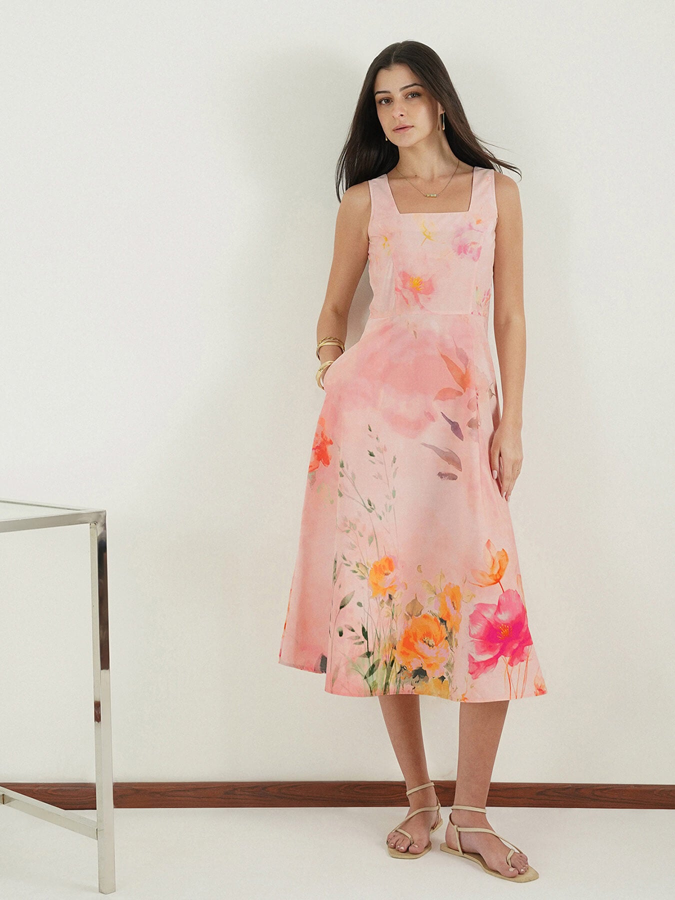 Cotton Floral Fit and Flare Dress - Pink