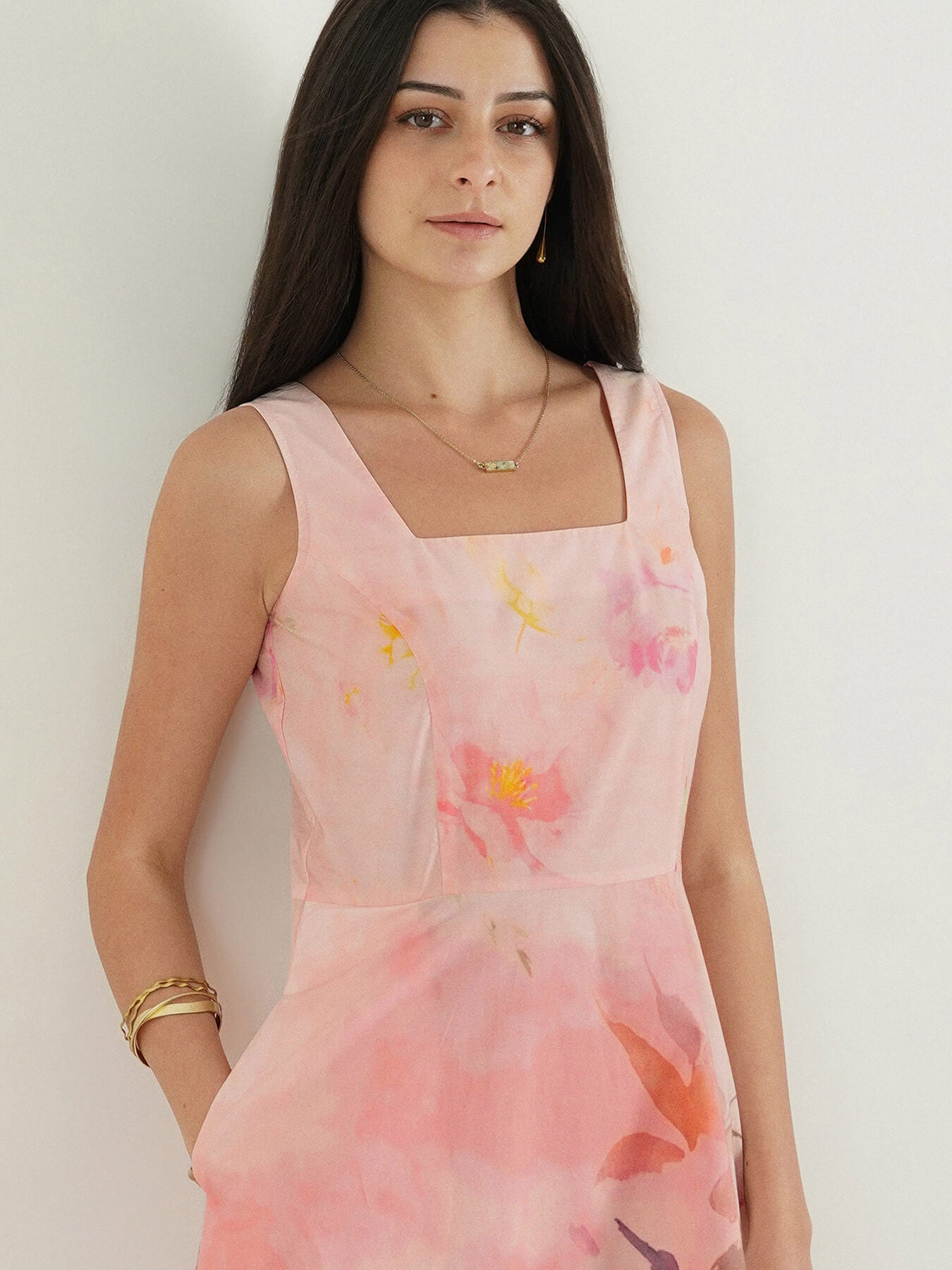 Cotton Floral Fit and Flare Dress - Pink