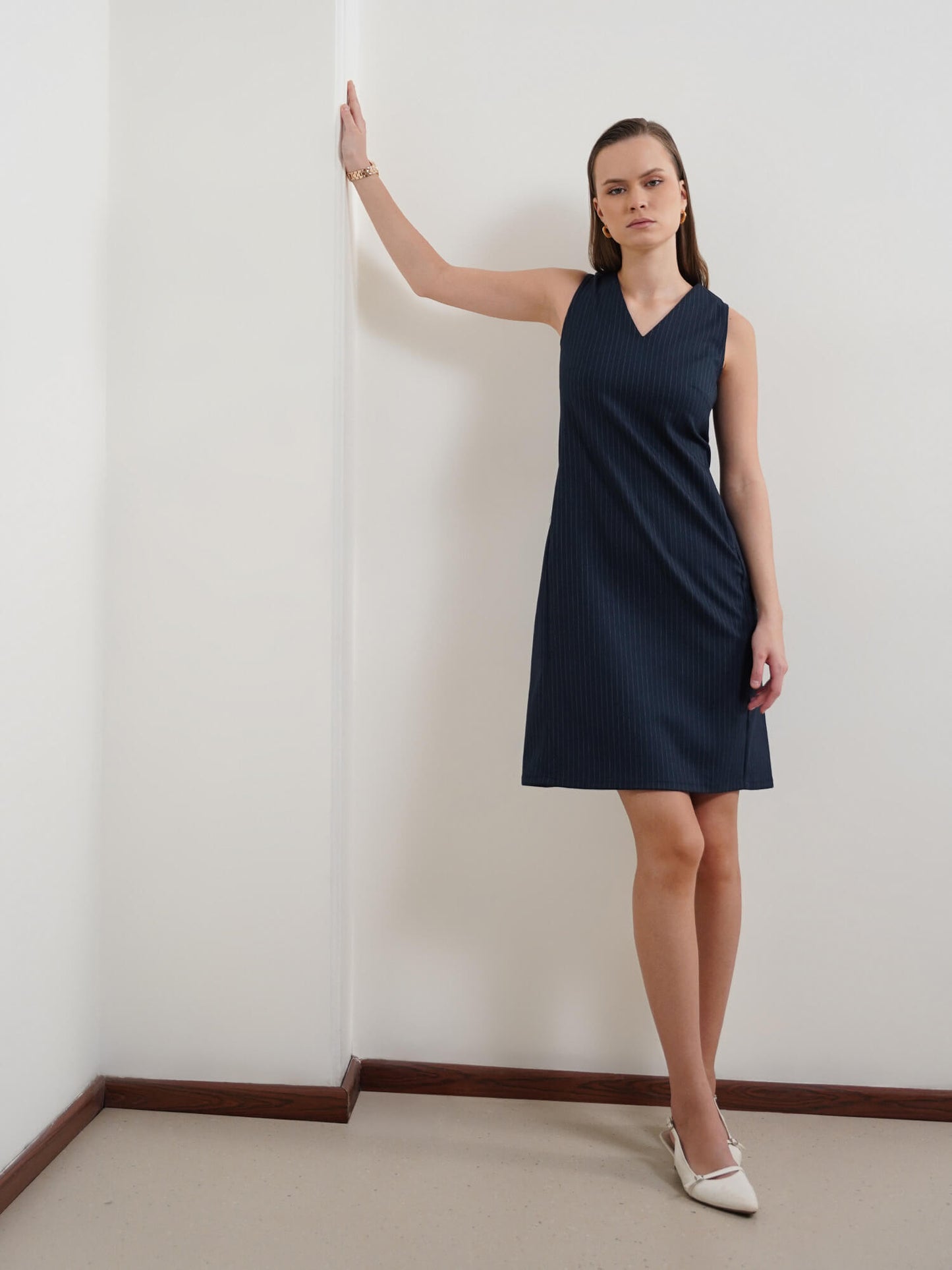 V-Neck Shift Dress - Navy Blue