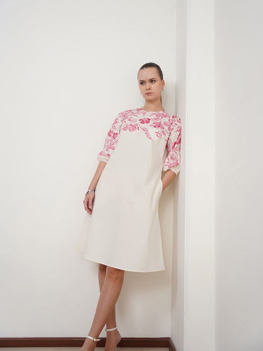 Pure Cotton A-Line Dress - Off White