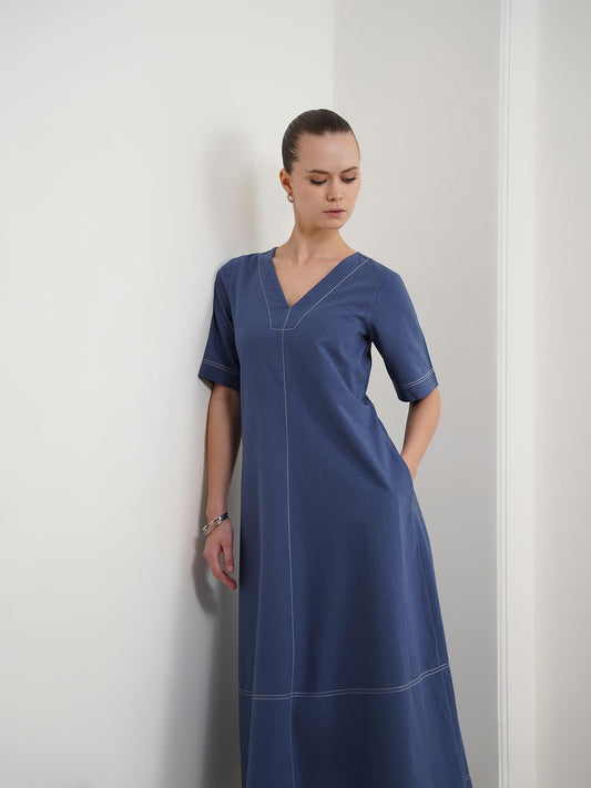 Pure Cotton A-Line Dress - Blue