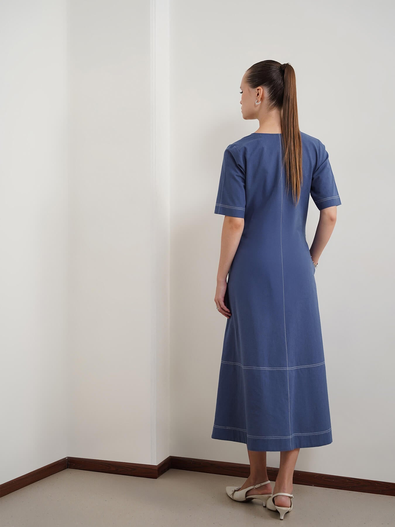 Pure Cotton A-Line Dress - Blue