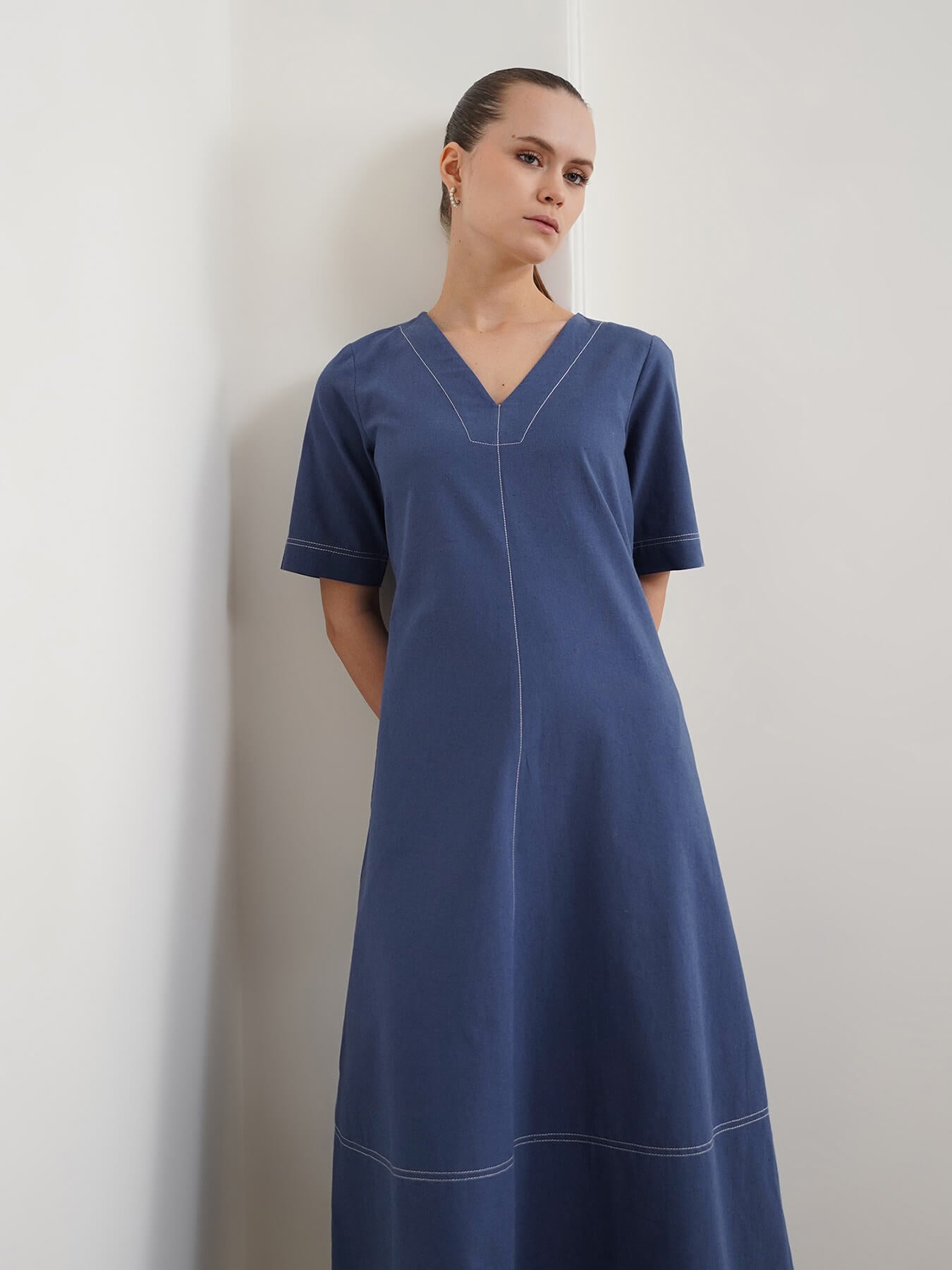 Pure Cotton A-Line Dress - Blue