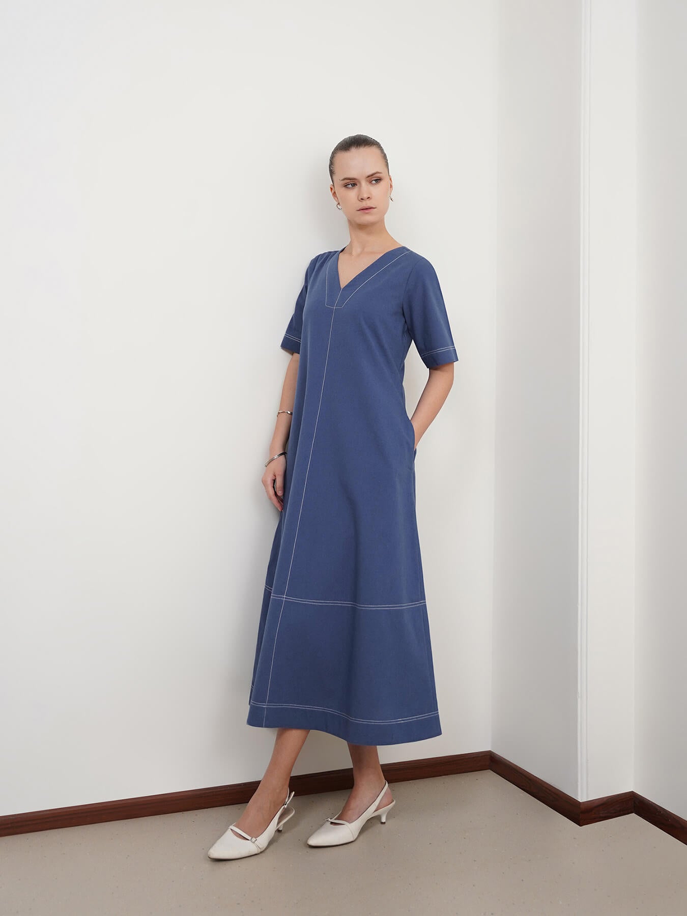 Pure Cotton A-Line Dress - Blue