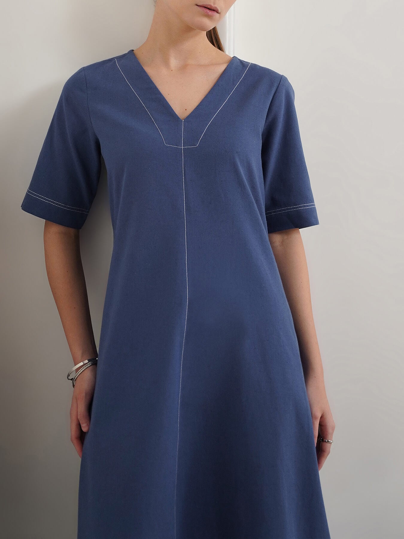 Pure Cotton A-Line Dress - Blue