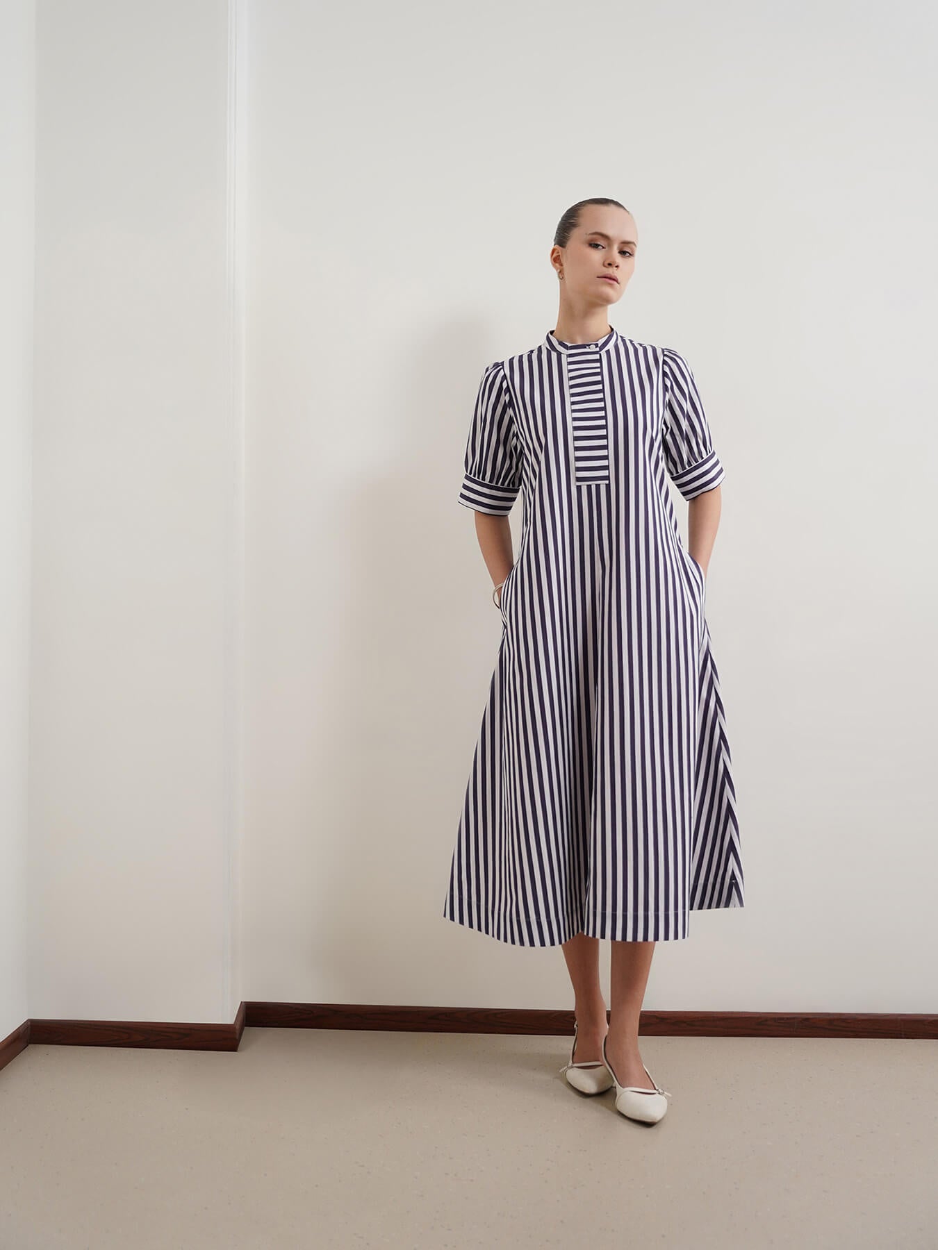 Pure Cotton Striped A-Line Dress - Navy Blue