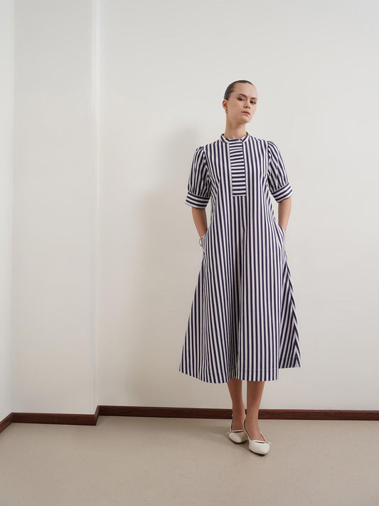Pure Cotton Striped A-Line Dress - Navy Blue
