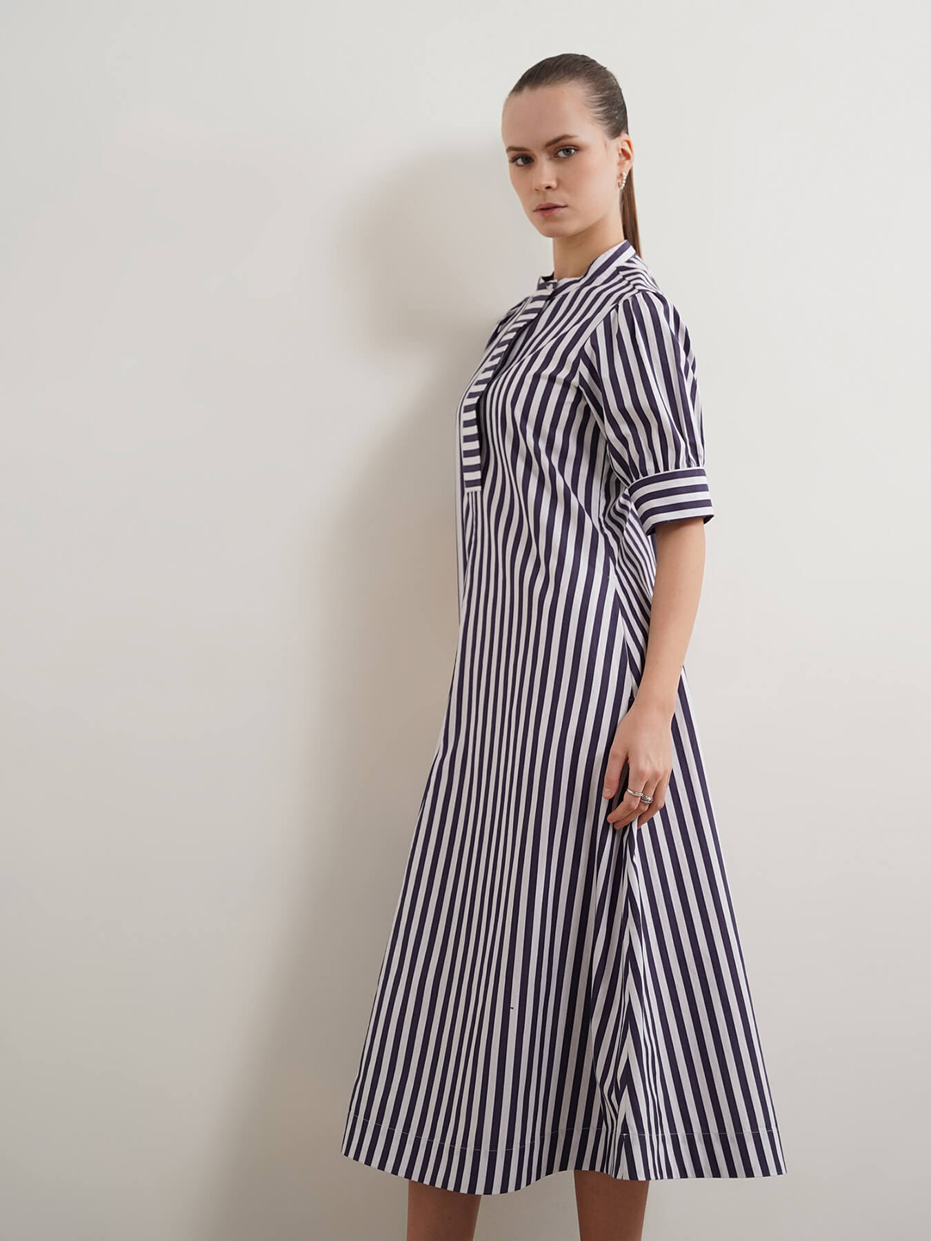 Pure Cotton Striped A-Line Dress - Navy Blue