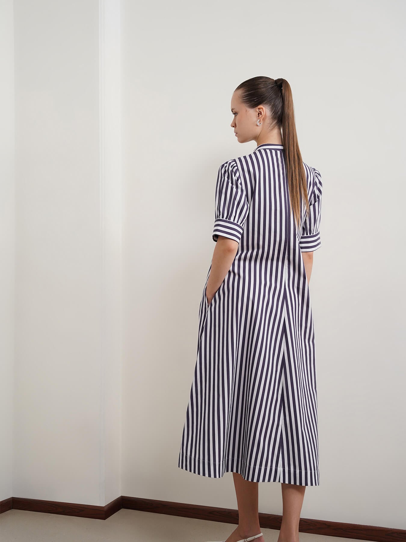 Pure Cotton Striped A-Line Dress - Navy Blue
