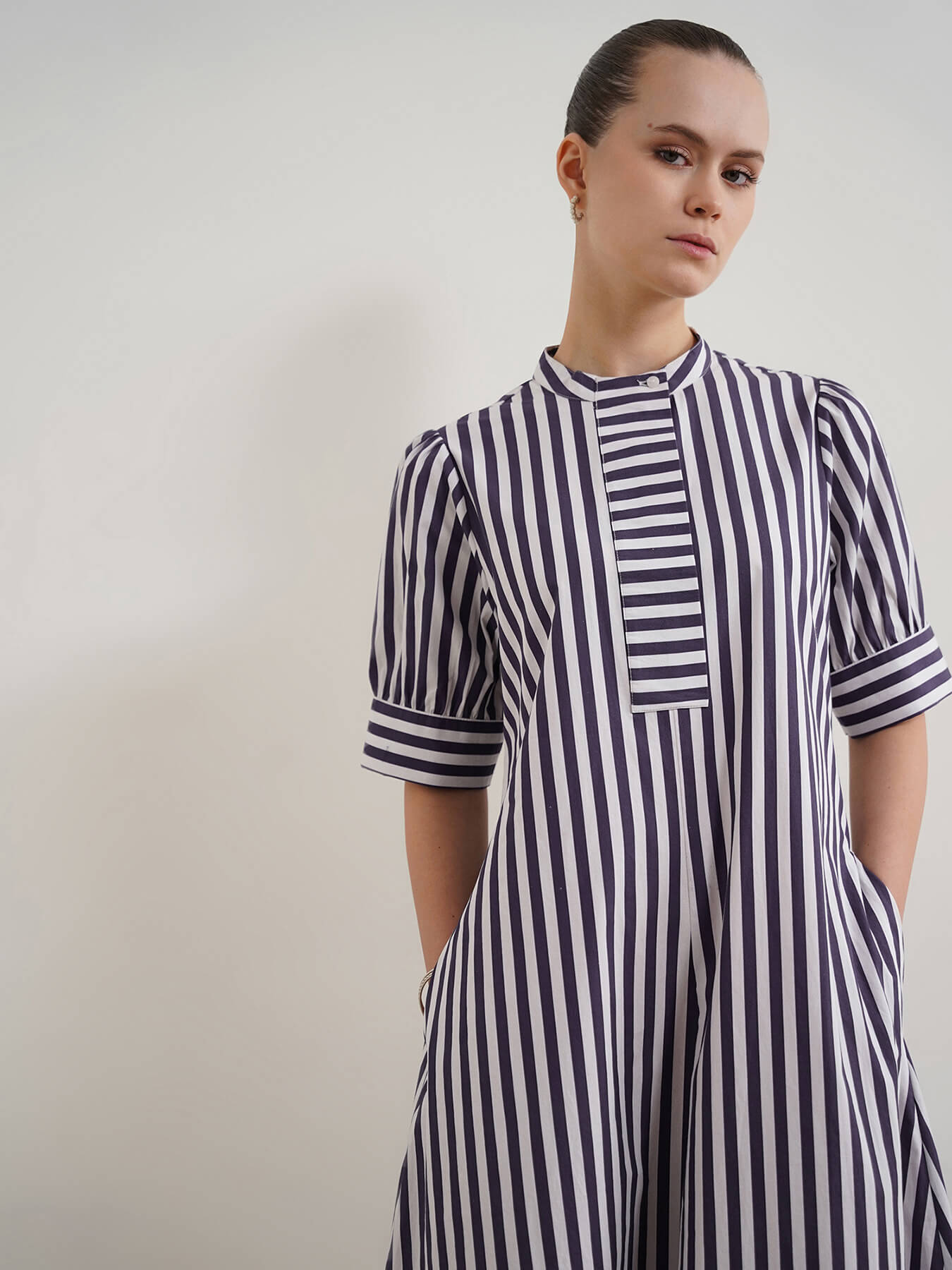 Pure Cotton Striped A-Line Dress - Navy Blue